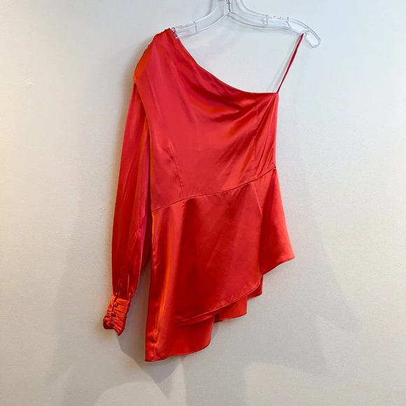 Cinq a Sept 100% Silk Satin Pink Coral One Shoulder Designer Formal Blouse S NWT - Picture 9 of 11